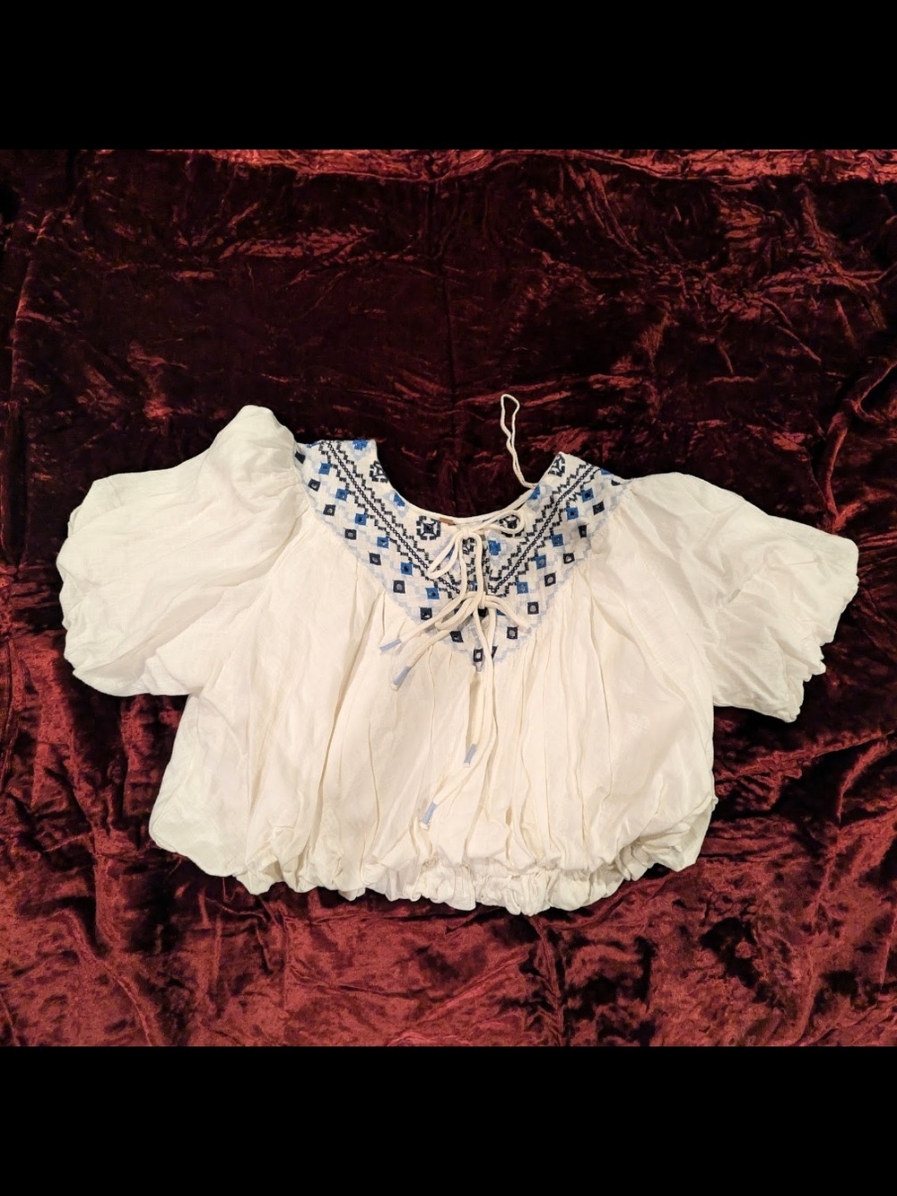 White Blue Embroidered Peasant Crop Top Puff Sleeve Lace Up Boho Blouse